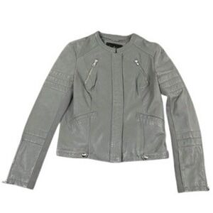 Sam Edelman Leather Jacket Women Medium Grey Moto Biker Collarless Ribbed Sleeve